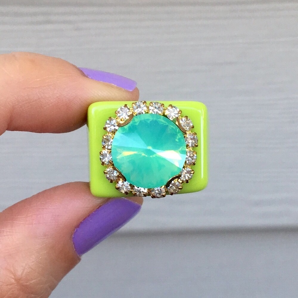 Electric Neon Green + Pacific Green Opal Rivoli Crystal Ring